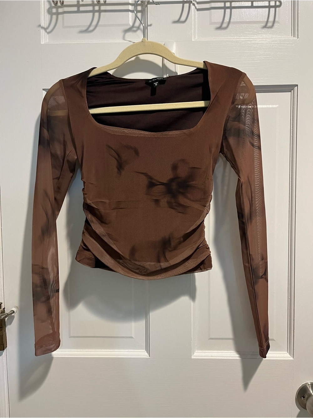 Dynamite Brown Sheer Ruched Square Neck Long Sleeve Top